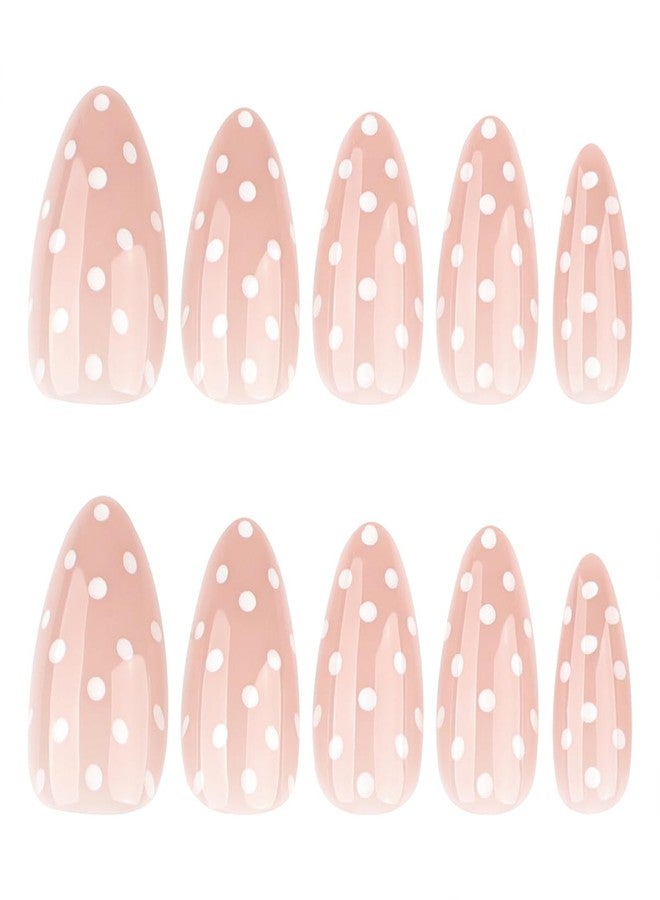 OSTTMA 24Pcs Polka Dot Press on Nails Medium Almond Fake Nail Glossy Nude False Nails Press ons with White Dots Designs Full Cover Glue on Nail for Women Manicure Tips Reusable Artificial Nails Kit - Image 4